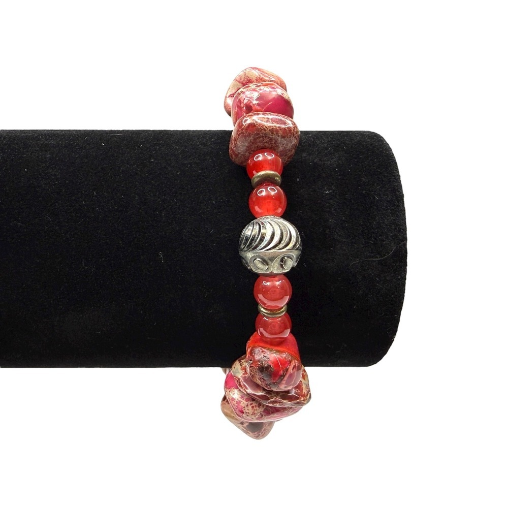 Sediment Red Jasper Cold Stone Bead Bracelet Antique Silver Tone Accent Jewelry
